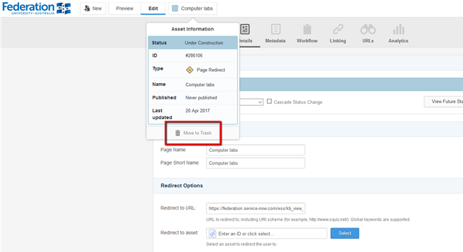 Asset Information dialogue box open for asset displaying Move to Trash option