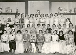 Residents of 130 Victoria Street ready for the Ballarat Teachers' College Ball. Lecturer Mavis Canty is in the front 5th from the left