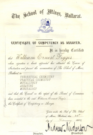 William Figgis' Certificate of Competency as an Assayer