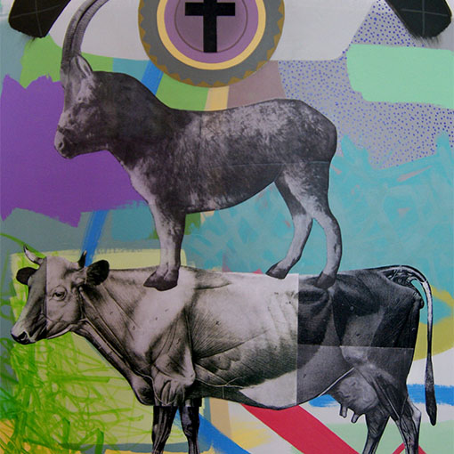 Honours student Kelly Brett's collage and acrylic on board, 'Donkey Democracy' 2012