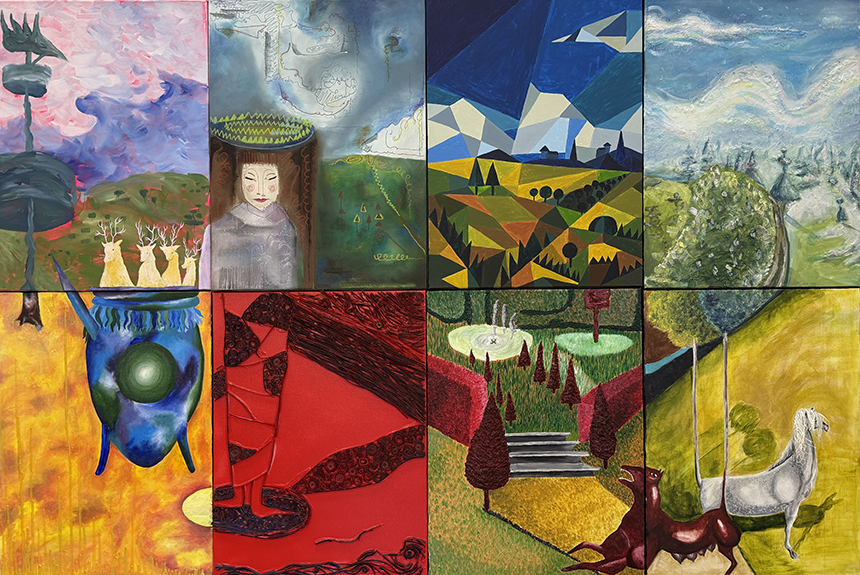 Multi panel painting of multiple scenes