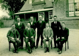 Staff of the Ballarat Junior Technical School prior to vacating the Dana St building.Standing L-R: F.N. King, H.G. Wakeling, S. Mayo, H.V. Maddison. Seated L-R: H.W. Malin, A.W. Steane, W.J. Paterson, R.L. Cutter. (Cat.No.220)