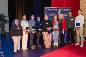 Moorabool Wind Farm TAFE Scholarships - Gabriella Moutsos, Michael Tran, Catherine Morales, Jordan Loughnane, Taylor Gunther, Kathy Canavan, Jeremy Goossens and Campbell Palmer.