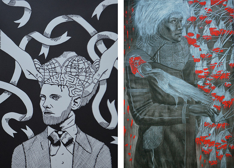 Image left: Areka Brown, The man with the world in his head, 2014, linoprint, 56 x 38cm. Image right: Marianne Sebetti, Wild Ash, 2014, charcoal & pastel on paper, 90 x 60cm