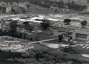 Mt Helen Campus, c1975. Tree of knowledge in centre of photo